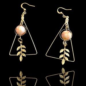 Beautiful Handmade Boho Gold Colour Triangle Earrings Drop Detail Precious Stone